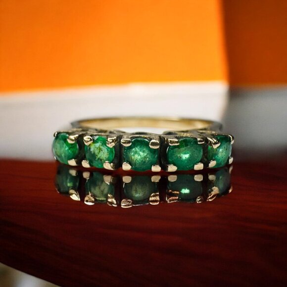 ANTIQUE- 10K Gold- Natural Emerald Ring- Size 7- 1/2tcw- Five Stone Ring -2.1g - Picture 8 of 16